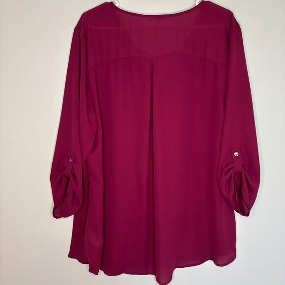 MAURICE'S NEW Women V-Neck Blouse XXL Burgundy Zipper Flowy Roll Tab Sleeve - Picture 2 of 7